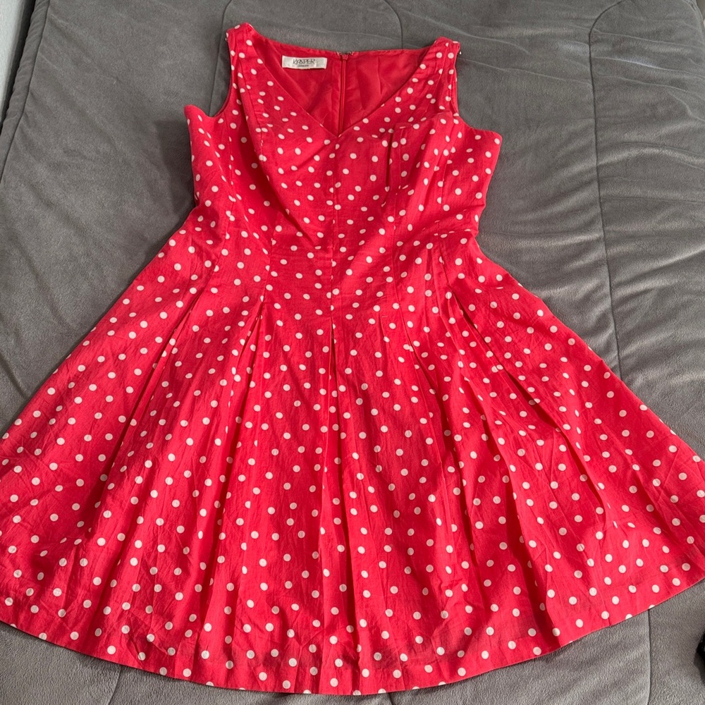 Kasper women’s coral pink Polka Dot Sleeveless Fit-and-Flare Dress Sz M